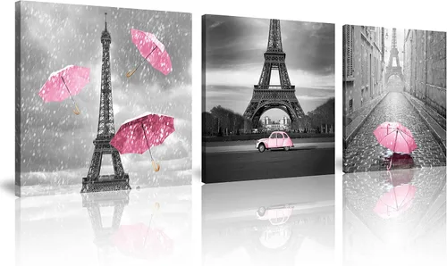 Miniatura 22 de NAN Wind 3 piezas de lienzo moderno Giclée impresiones en blanco y negro con paraguas rojos, lienzo romántico para parejas, pinturas de paisaje rojo