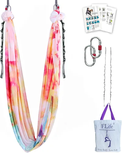 F.Life Kit de hamaca de yoga aéreo, columpio de yoga, multicolor, 5 yardas, yoga volador, incluye cadena de margarita, mosquetón y guía de postura