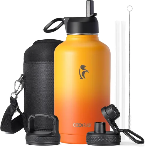 Miniatura 75 de Coolflask Botella de agua de 20 onzas aislada con pajilla, 3 tapas de metal de acero inoxidable, botella de agua de boca ancha para deportes u