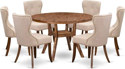 I8SI7-40N-04 - Juego de comedor de 7 piezas para 6 personas, contiene una mesa redonda de 48 pulgadas con pedestal y 6 sillas Parson de tela de