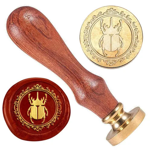 Sello de sellado de cera de escarabajo de 1 pulgada, cabeza de sello de cera de latón con mango de madera, sello de cera de escarabajo vintage para