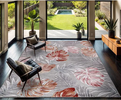 Miniatura 37 de CAMILSON Alfombra para Interiores y Exteriores, Alfombras de Área Azules 5x7 con Hojas Tropicales Botánicas para Patios Interiores y Exteriores