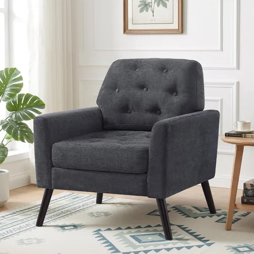 Miniatura 9 de Silla decorativa para sala de estar, silla de lectura moderna de mediados de siglo, sillón tapizado con respaldo copetudo y patas de madera, sofá
