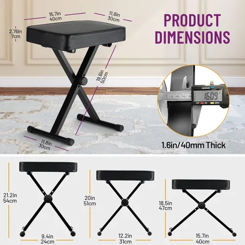 Miniatura 3 de CAHAYA Banco de teclado estilo X de 3.5 pulgadas de grosor, cojín acolchado, banco de piano, altura ajustable, asiento para teclados digitales Negro