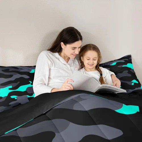 Miniatura 5 de Erosebridal Juego de edredón de camuflaje verde azulado, juego de ropa de cama de camuflaje gris y negro, juego de ropa de cama moderno de arte Camo