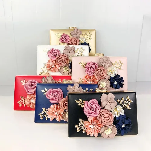 Miniatura 7 de Bolso de noche floral para mujer, bolso de embrague de novia con flores 3D, elegante banquete de boda, baile de graduación, bolso de noche