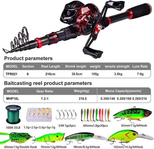 Miniatura 4 de Combo de caña de pescar y carrete, caña de pescar telescópica de fibra de carbono de 6.9 pies con combo de carrete de spinning/baitcasting, agua B
