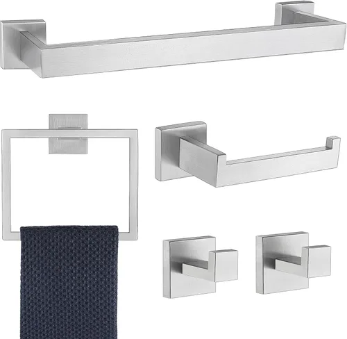 Juego de 5 piezas de accesorios de baño de níquel cepillado, juego de toallero cuadrado de 16 pulgadas para baño, juego de toallero de acero