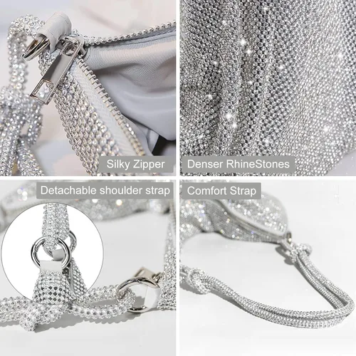 Miniatura 3 de TOPALL Bolso brillante con diamantes de imitación monederos plateados con diamantes para mujer para noche graduación bolsa de hobo Bling