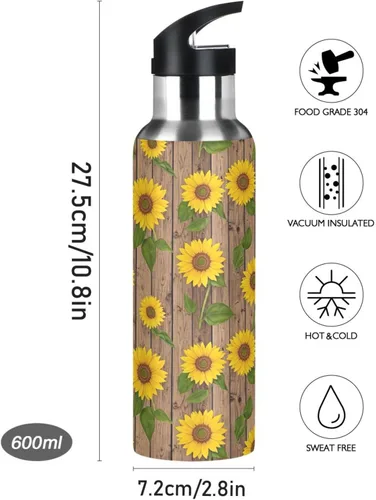 Miniatura 9 de Sunflowers Green Leaves Insulated Stainless Steel Water Bottle with Straw 20 Oz, BPA-Free Sport Water Bottle Insulated Leakproof Water Bottles