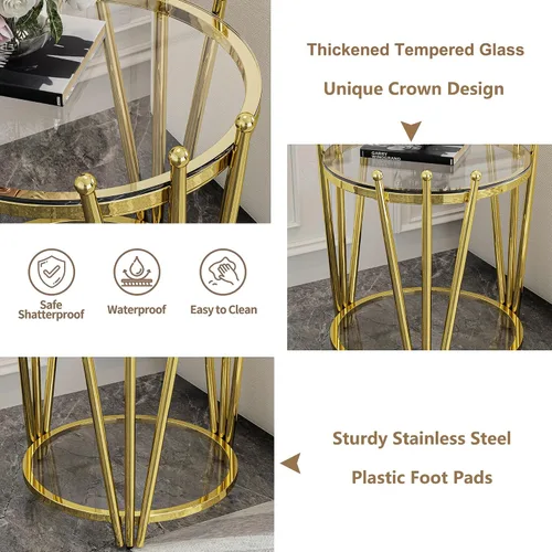Miniatura 4 de Mesa auxiliar redonda de vidrio dorado de 19.7 pulgadas para sala de estar, diseño moderno de corona de lujo, patas de acero inoxidable con diseño