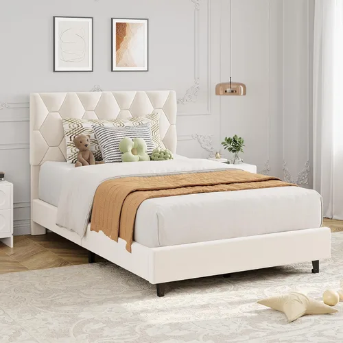Miniatura 3 de GAOMON Base de cama individual XL beige con cabecera tapizada, base de cama de plataforma resistente con listones de madera fuertes, no necesita