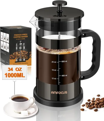 Miniatura 9 de Prensa francesa para café - Cafetera de acero inoxidable clásico de 34 onzas con sistema de filtración de 4 niveles, vidrio de borosilicato Cobre