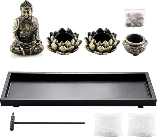 Miniatura 4 de Jovivi set de jardín zen con estatua de Buda, 2 portavelas de té de loto, mazo y rocas y cristales y quemador de incienso con soporte para varillas