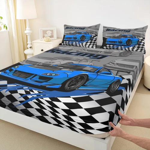 Miniatura 12 de Silver Race Cars - Sábana bajera ajustable para niños, tamaño individual, diseño de bandera de carreras en blanco y negro, decoración de habitación