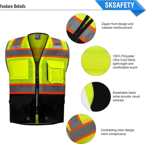 Miniatura 5 de SKSAFETY Chaleco de seguridad de nivel profesional con 10 bolsillos, chaleco de alta visibilidad clase 2 con cremallera, chaleco de alta visibilidad