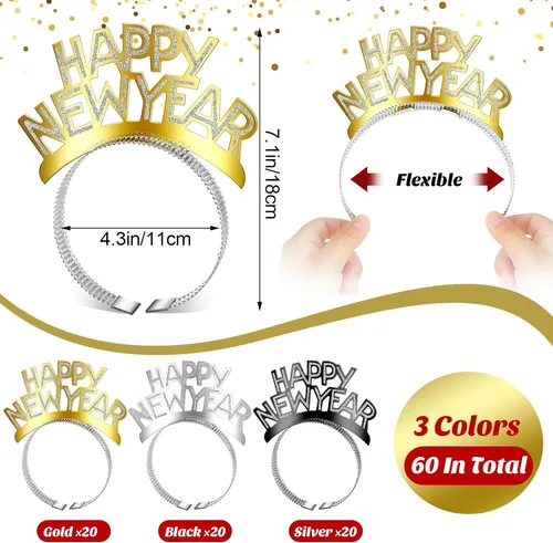 Miniatura 4 de Juego de 120 diademas de Año Nuevo 2024, tiara con purpurina y flecos metálicos, decoración de fiesta de Año Nuevo para suministros de fiesta de Año