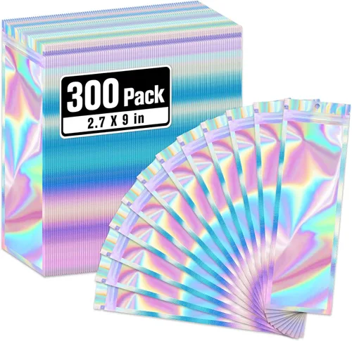 Miniatura 35 de ANZNKU Paquete de 300 bolsas multicolor para bolígrafos, bolsas holográficas de Mylar con ventana transparente, bolsas de embalaje a prueba