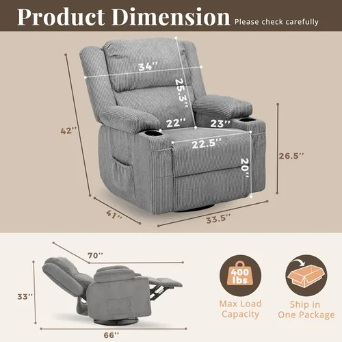 Miniatura 2 de Silla reclinable giratoria de 360 grados con calor y masaje, planeador reclinable manual de pana suave con puerto USB, 2 portavasos y 4 bolsillos