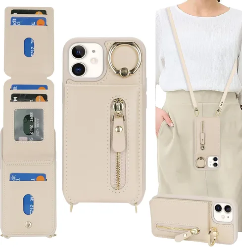 Funda para iPhone 12 con tarjetero para mujer, para iPhone 12 Pro, funda para teléfono con correa, ranuras para tarjetas de crédito, bandolera con