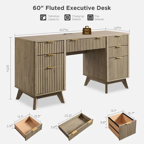 Miniatura 2 de T4TREAM Fluted Executive Desk with Drawers, 60" Modern Home Office Computer Desk with Charging Station, File Cabinet, Keyboard Tray and Storage