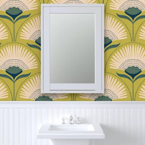 Miniatura 9 de Muestras de papel tapiz para despegar y pegar, diseño Art Deco de flores verdes, geométrico, divertido, jumbo, papel tapiz extraíble personalizado