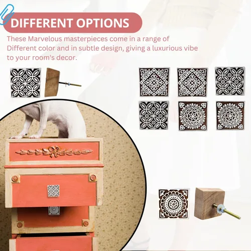 Miniatura 3 de Hashcart Pomos de madera para gabinetes de cocina, juego de 6 pomos tallados a mano con diseño floral para gabinete y cajón, color marrón
