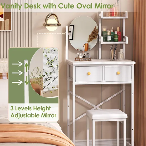 Miniatura 3 de Mesa de tocador pequeña de 19.7" de ancho con espejo y silla, juego de mesa de maquillaje mini y linda con 2 cajones de almacenamiento de tela