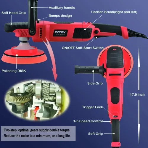 Miniatura 5 de ZOTA Pulidora rotativa, pulidora de auto de 1200W de doble torque de 6 pulgadas/7 pulgadas, pulidora de 6 velocidades variables de 1100-3050RPM