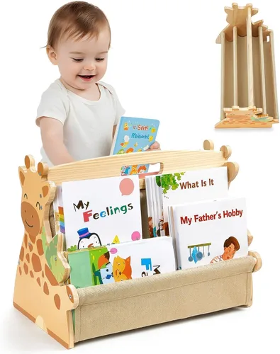 Estantería infantil SheSeek de doble cara con 4 niveles de fundas profundas, estante de libros de madera para niños Montessori para habitación de