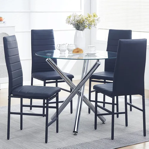 Miniatura 16 de Juego de mesa de comedor redonda negra para 2, mesa de cocina de vidrio templado con 2 sillas de piel sintética, juego de comedor de 5 piezas