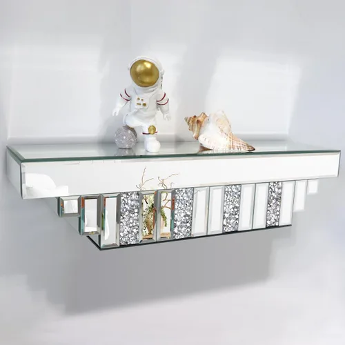 Estante flotante con espejo para pared Wall-23, estante de pared de diamante de cristal triturado, estante de exhibición de espejo plateado para