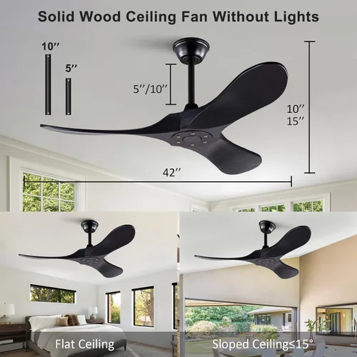 Miniatura 3 de Ventilador de techo de 42 pulgadas de madera maciza con control remoto, ventilador de techo negro sin luz, 6 velocidades, silencioso, motor CC