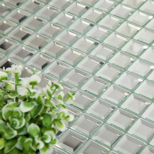 Miniatura 7 de Mosaico de cristal de espejo, 5 caras cuadradas biseladas de cristal plateado espejo de 12 x 12 pulgadas sin costuras para cocina y baño, 5 hojas