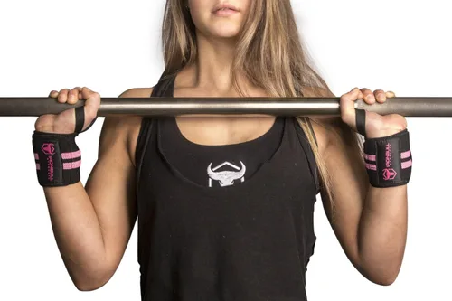Miniatura 5 de Muñequeras para Mujeres con Presillas para el Pulgar - 12" Grado Profesional - Soporte y Compresión de Muñeca para Entrenamiento Cruzado, Negro/Rosa