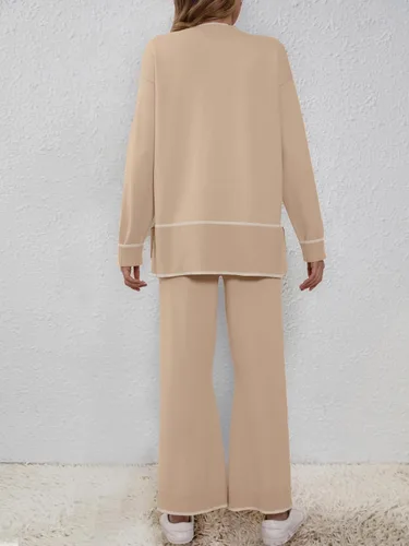 Miniatura 6 de SuperPrity Conjunto de 2 piezas de suéter para mujer, con cuello de muesca, manga larga, suéter de punto y pierna ancha