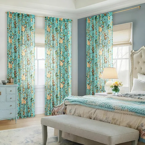 Miniatura 9 de Cortinas de lino florales azules y amarillas, estilo vintage, bohemio, de 63 pulgadas, 2 paneles con pestaña trasera para sala de estar