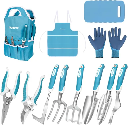 Miniatura 13 de Juego de 12 herramientas de jardín, herramientas de mano de aluminio resistentes con mango antideslizante de goma, delantal de jardín, guantes