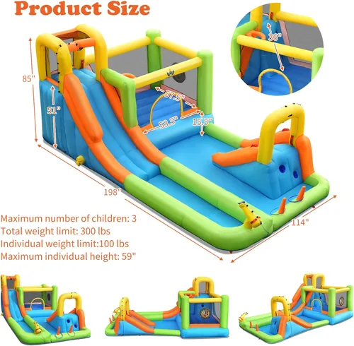 Miniatura 6 de HONEY JOY Tobogán acuático inflable, casa de rebote de agua gigante 8 en 1 y parque acuático con toboganes, escalada, piscina de chapoteo, toboganes