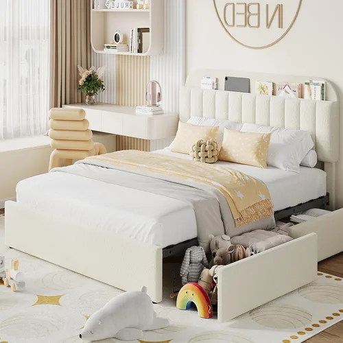 Miniatura 19 de IDEALHOUSE Base de cama individual para niños, cama plataforma tapizada con botones para niños/niñas con 2 cajones flexibles, cabecero tipo