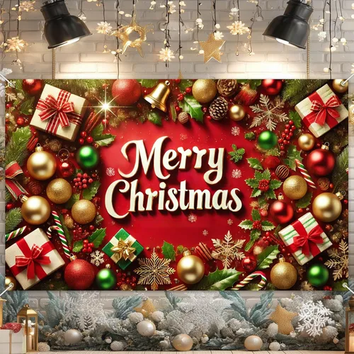 BlissYard Cartel de Feliz Navidad de 71 x 43 pulgadas, fondo rojo y dorado, caja de regalo, fondo de fotografía, fondo de fotografía para interiores