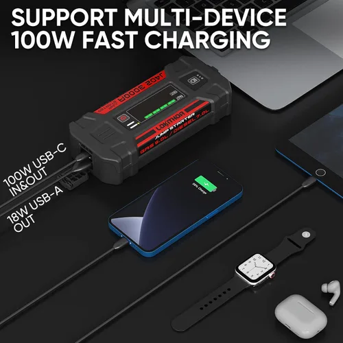Miniatura 5 de Lokithor J402 Jump Starter 3000A 12V 24000Amh Batería portátil de litio para automóviles de hasta 9.0L de gas y 7.0L Diesel con carga rápida de 100