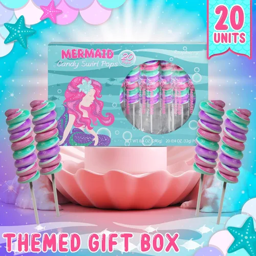 Miniatura 6 de Paletas de sirena, piruletas de remolino, caramelo de sirena para recuerdos de fiesta de sirenita y suministros de fiesta de sirena, chupones