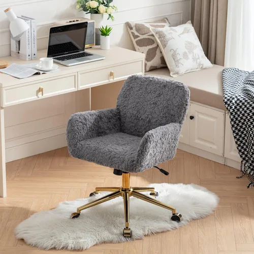 Miniatura 10 de SSLine Silla de escritorio de piel sintética, moderna y bonita silla de oficina, cómoda silla giratoria de tela de peluche mullida con ruedas