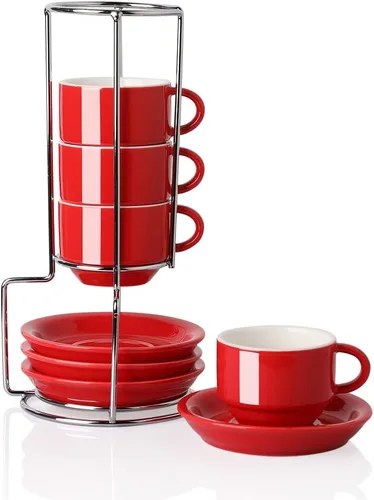Miniatura 15 de Sweejar - Tazas de café de porcelana con platillos, tazas de capuchino apilables de 4 onzas con soporte de metal para bebidas de café, café