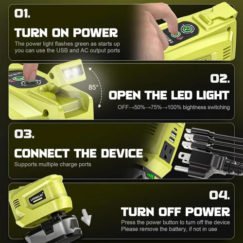 Miniatura 6 de Inversor de potencia real de 200W compatible con Ryobi 18V, inversor de batería DC 18V a AC 110-120V, generador de estación de energía LIVOWALNY