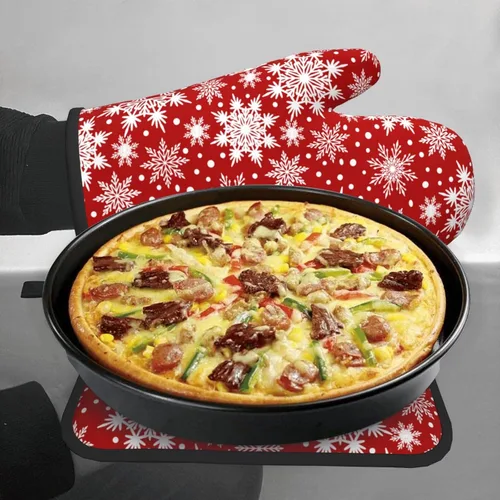 Miniatura 7 de Juego de 2 guantes de horno rojos de copos de nieve de Navidad y agarradera, adecuados para barbacoas, hornear, cocinar, microondas
