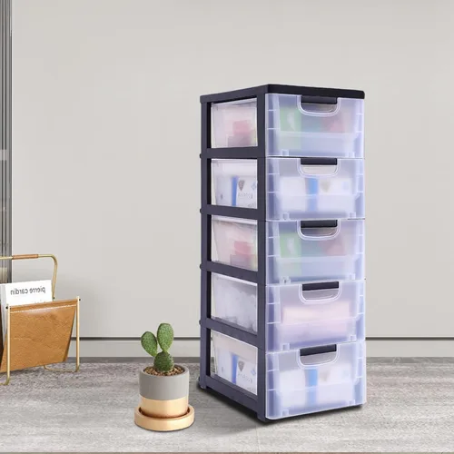 Miniatura 3 de Cómoda de plástico para dormitorio, organizador de 5 cajones, armario de almacenamiento vertical moderno para ropa, torre de almacenamiento alta