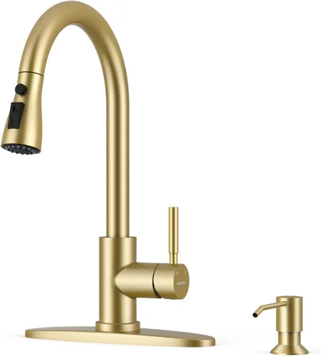 Miniatura 15 de WEWE Grifos de cocina con pulverizador desplegable, grifo de cocina de estilo granja en bronce cepillado con aceite, comercial, moderno, de arco