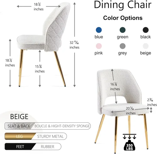 Miniatura 3 de NORDICANA Juego de 2 sillas de comedor modernas, sillas acentuadas tapizadas en beige bouclé con patas doradas de metal, sillas laterales